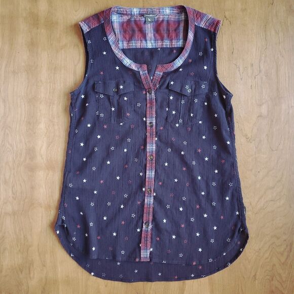 Eddie Bauer Sleeveless Top Sz S Navy Blue Red White Stars Plaid Trim 4th of July - Picture 5 of 8